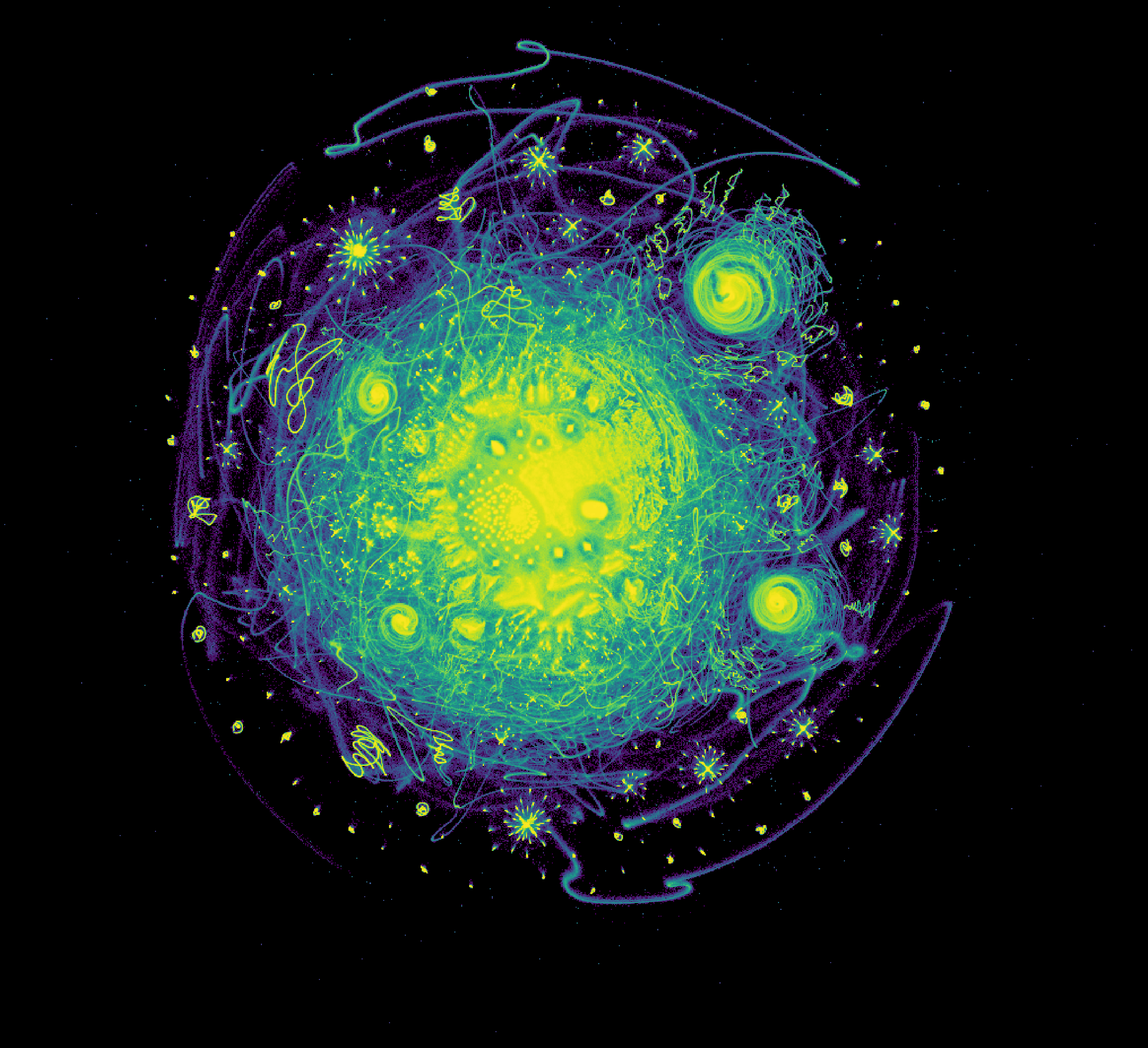 UMAP Visualization of prime divisibility for 30
    million integers - it looks kind of like a tissue slide or Webb telescope
    image